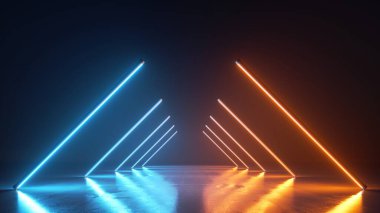 3D render, soyut neon arkaplan. Çapraz çizgi lambaları mavi ve sarı ışıkta parlıyor. Performans gösterisi için perspektif görünümlü boş stüdyo