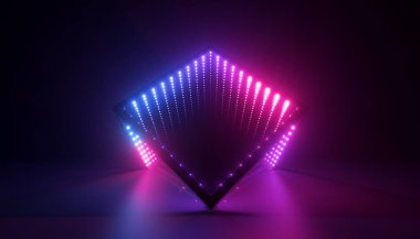 3D görüntüleme, geometrik şekilli soyut arkaplan ve pembe mavi neon ışık. Performans sahne dekorasyonu ultraviyole ışıkla aydınlatıldı