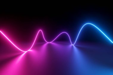 3D görüntüleme, soyut pembe neon arkaplan ultraviyole spektrumda parlayan dalgalı çizgi