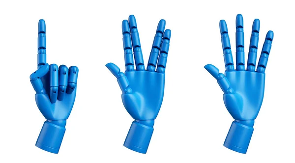 3D渲染 蓝色假人手 机械机器人假肢 一组分离于白色背景的各种手势 人造人体部分剪贴画集合 — 图库照片