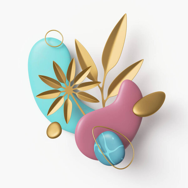 3D рендеринг, абстрактная композиция с разнообразными золотыми листьями, золотыми кольцами и голубыми галечными фигурами на белом фоне