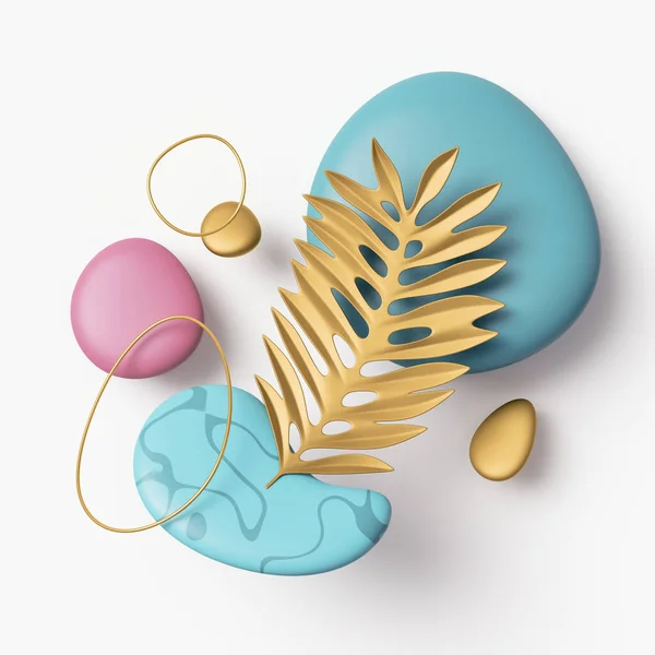 Render Abstracte Geometrische Compositie Met Decoratief Tropisch Palmblad Gouden Ringen — Stockfoto