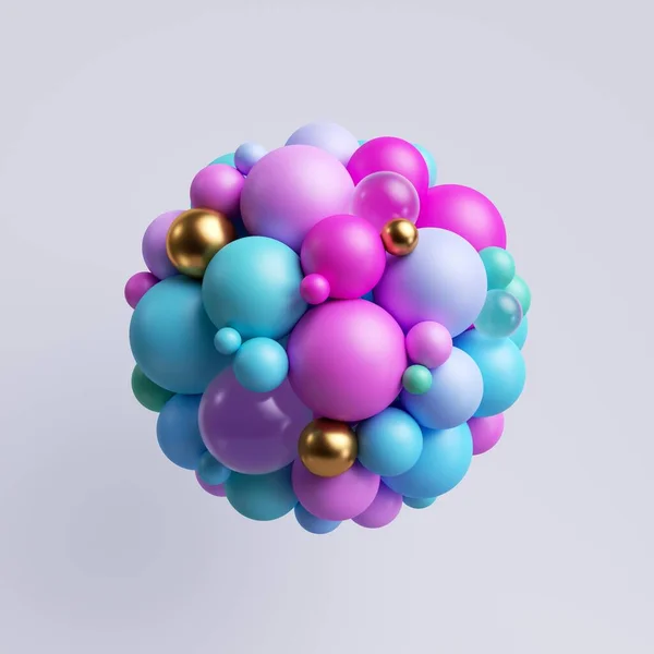 3Dレンダリング カラフルなボールで作られた抽象的な幾何学的なラウンド形状が一緒に参加しました ピンクブルーゴールド粒子 プラスチックおもちゃ 隔離された要素 — ストック写真