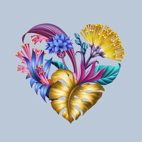 Digitale Florale Illustration Abstraktes Herz Symbol Mit Bunten Tropischen Fantasie — Stockfoto