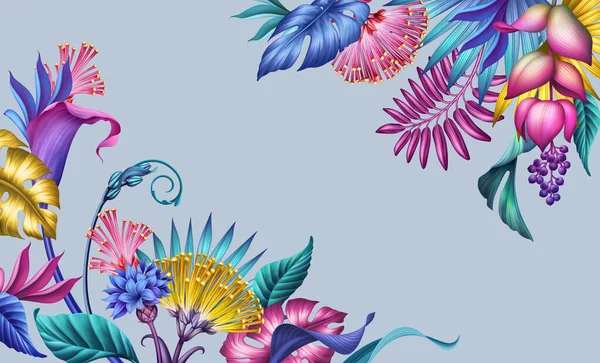 Ilustracja Cyfrowa Kwiatowymi Rogami Abstrakcyjne Tło Botaniczne Kolorowymi Kwiatami Tropikalnymi — Zdjęcie stockowe