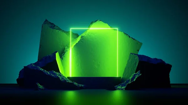 三维渲染 抽象的霓虹灯绿色背景与发光的正方形框架和鹅卵石岩石的废墟 设有产品展示平台的展示场景 — 图库照片