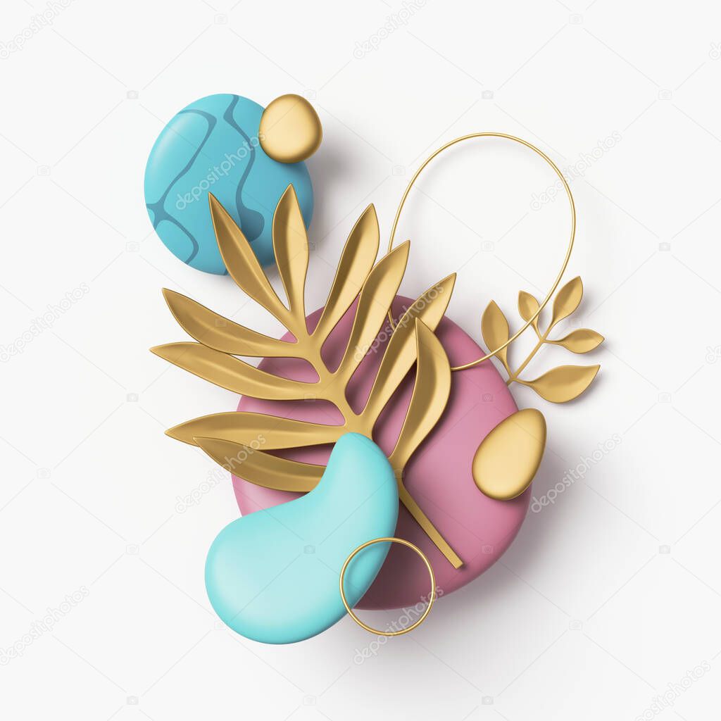 3d render, abstract composition with golden palm leaves, gold wire rings and colorful pebble isolated on white background