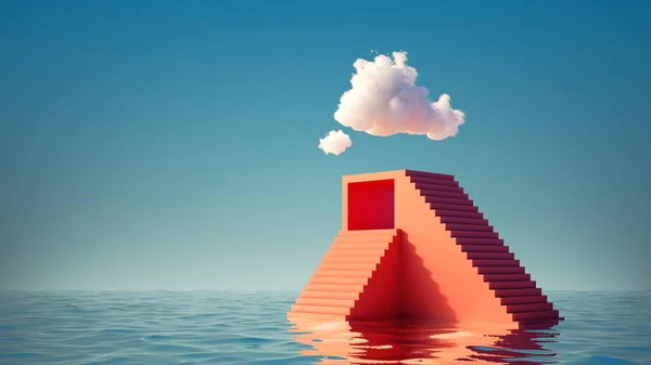 3Dレンダリング 超現実的な海の風景です 階段で赤いピラミッドの上の青い空の白い雲 幾何学的形状と水と現代の最小限の抽象的な背景 チャレンジコンセプトビジネス比喩 — ストック写真