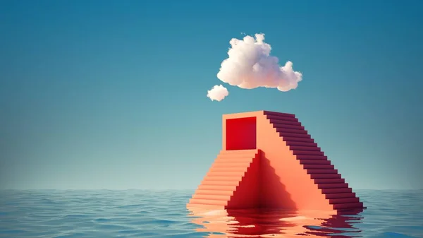 Renderizado Paisaje Marino Surrealista Nubes Blancas Cielo Azul Sobre Pirámide — Foto de Stock