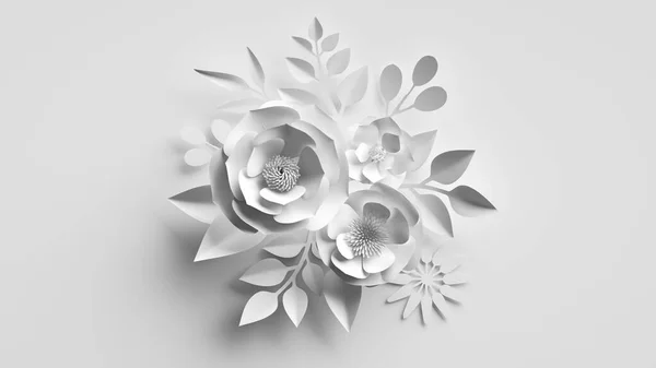 3Dレンダリング 花や葉の花束と抽象的な白い背景 花工芸品 植物壁紙 — ストック写真