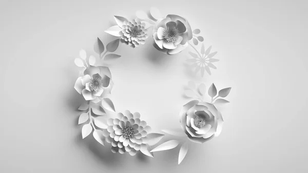 3Dレンダリング 紙の花や葉の丸い花輪を持つ抽象的な白い背景 花グリーティングカードテンプレート 紙工芸品 植物壁紙 — ストック写真