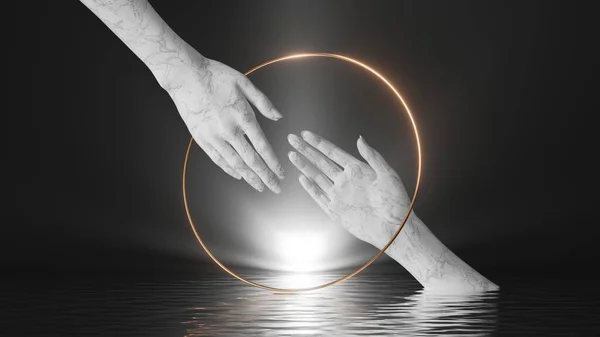 ラウンドゴールデンフレーム内の白い大理石の女性の手で3Dレンダリング 黒の背景 明るい輝く光と水の中に反射 パートナーシップの概念 現代的なミニマルシーン — ストック写真