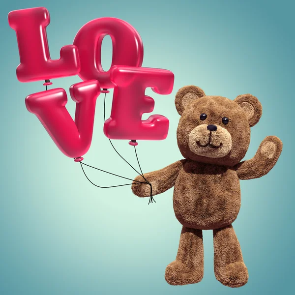Cute teddy bear holding air balloons — Stock Photo, Image