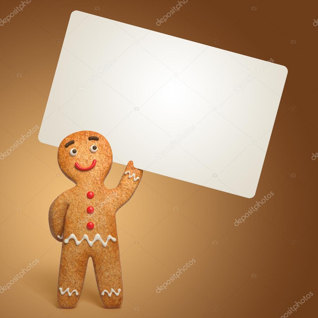 Gingerbread man holding white card
