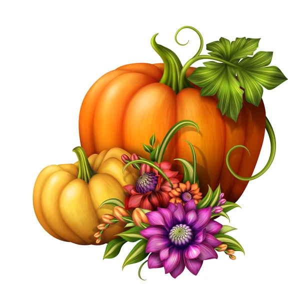 季节性装饰用南瓜和鲜花 — 图库照片