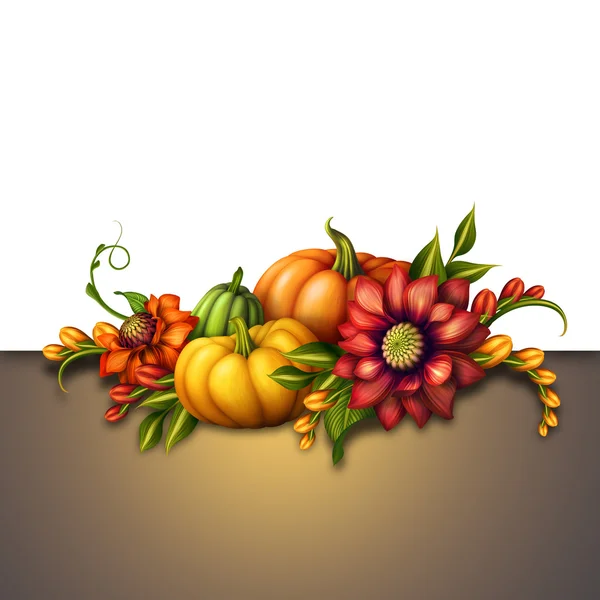 Seasonal decoration with pumpkins and flowers — Stock Photo, Image