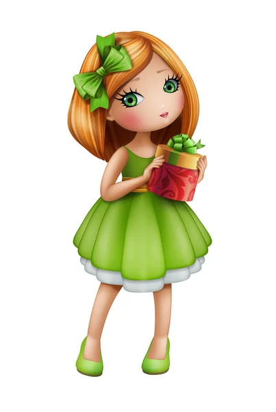 Redhead girl holding gift box — Stock Photo, Image