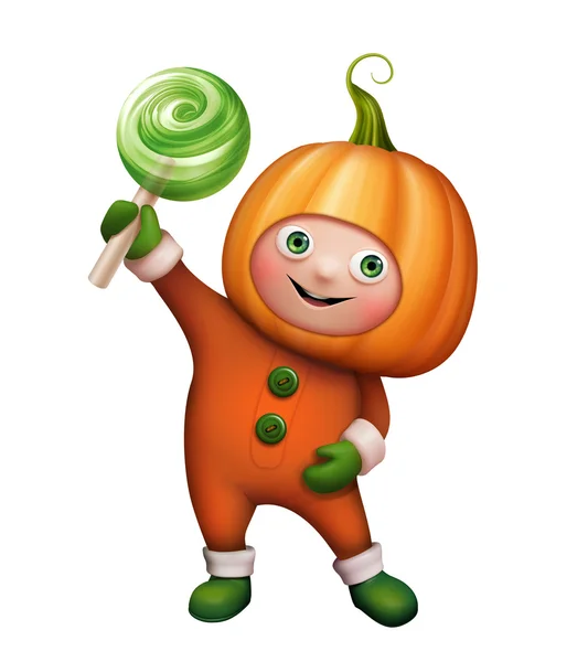 Pumpkin costume holding candy — Stock Photo, Image