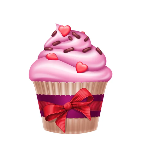 Precioso cupcake con lazo de cinta roja —  Fotos de Stock