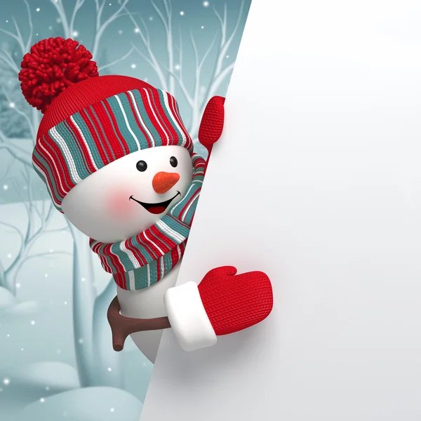 Cartoon snowman holding blank banner — Stock Photo, Image