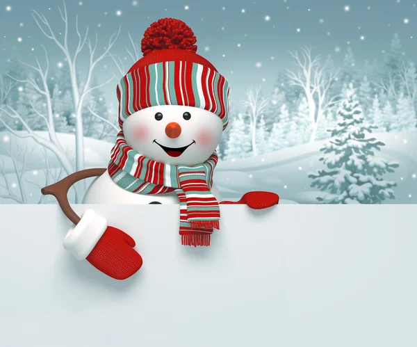 Cartoon snowman holding blank banner — Stock Photo, Image