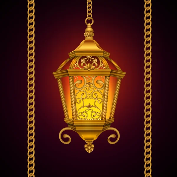 Gold decorative lantern hanging on chain — Stock Photo, Image