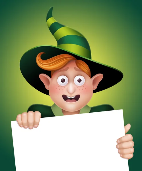 Elf boy holding blank card — Stock Photo, Image