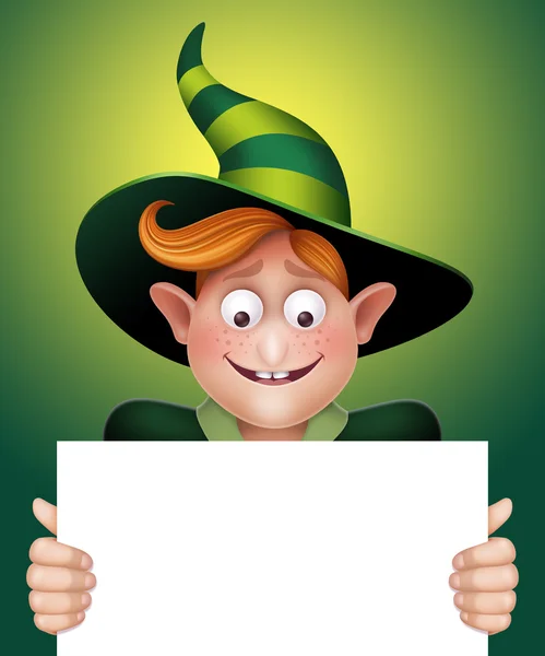 Elf boy holding blank card — Stock Photo, Image