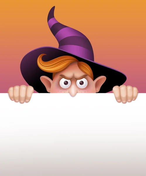 Angry witch behind blank page — Stock Photo, Image