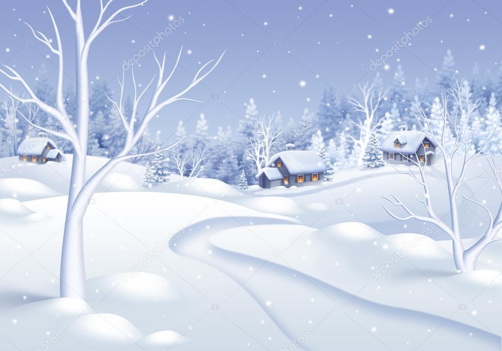 White winter village landscape illustration