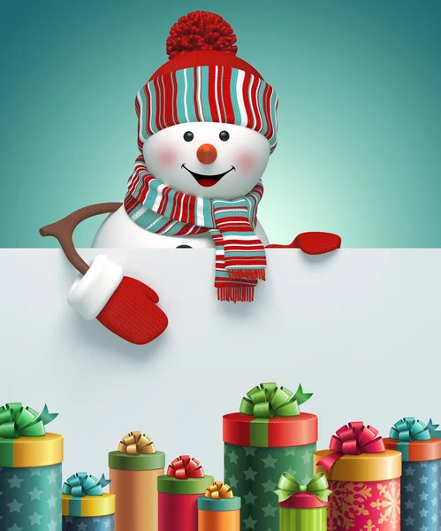 Happy snowman holding blank banner — Stock Photo, Image