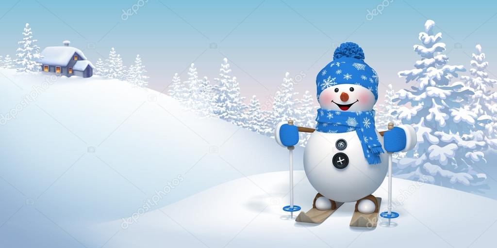 Happy snowman skiing