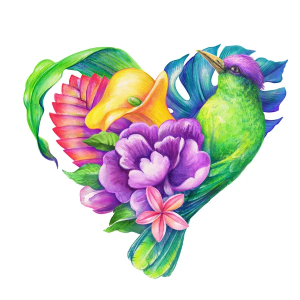 Сердце с экзотической птицей и цветами — стоковое фото