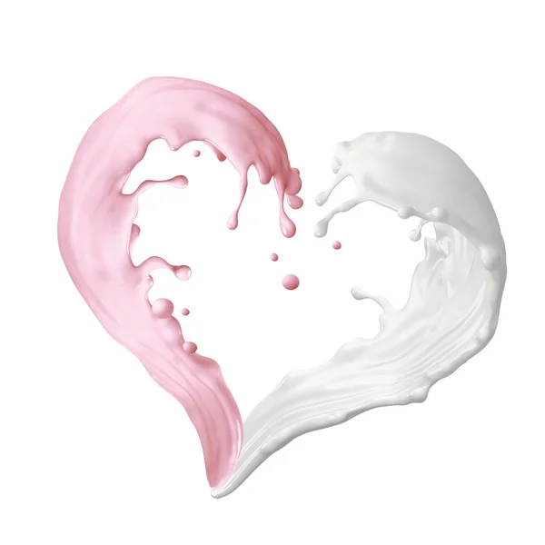 Mixed milk and fruit liquid splash, 3d heart shape splashing — Stock Photo, Image