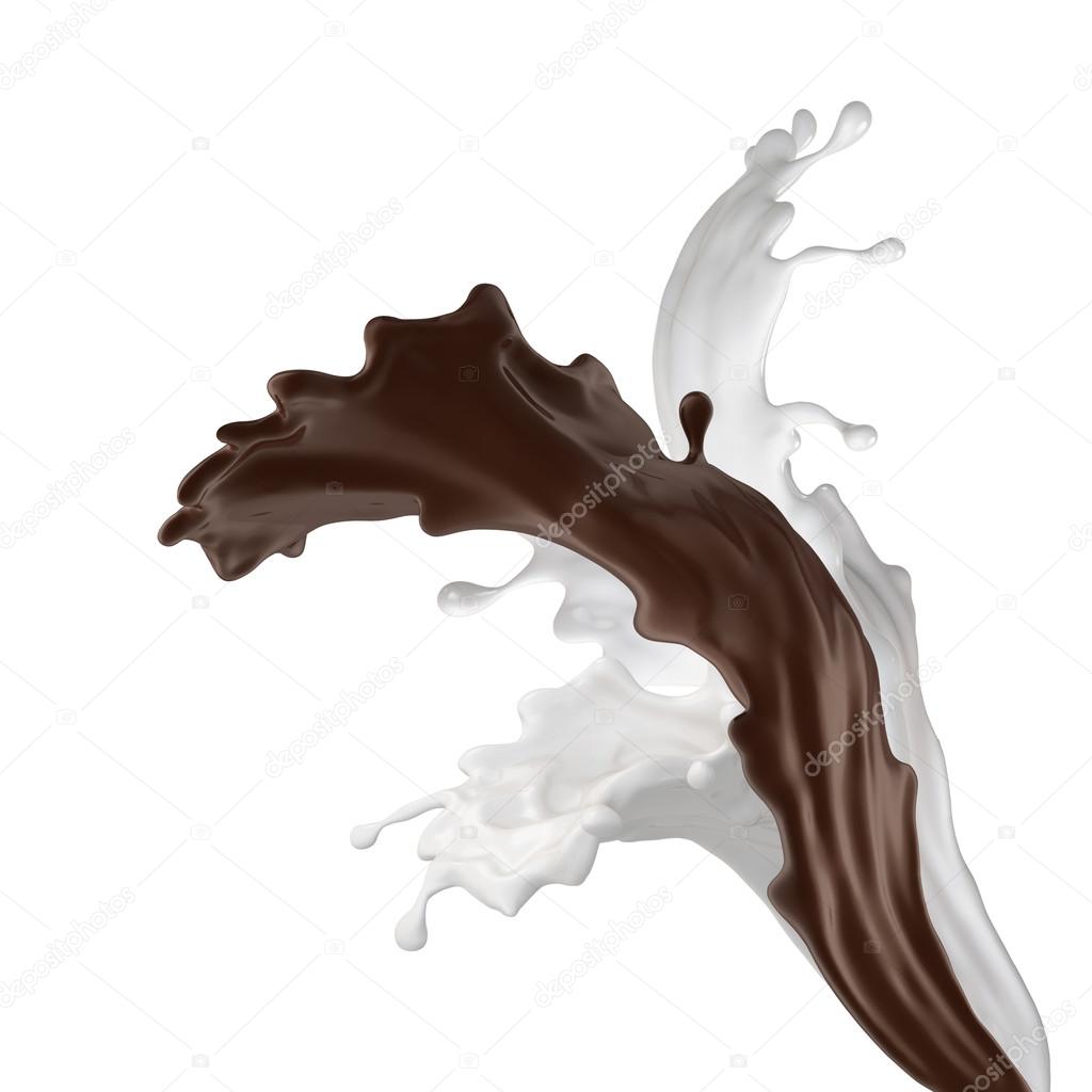 3d milk and chocolate mixed splash isolated on white background