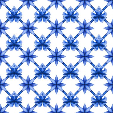 çiçek sorunsuz kafes desen, mavi beyaz gzhel fishn soyut