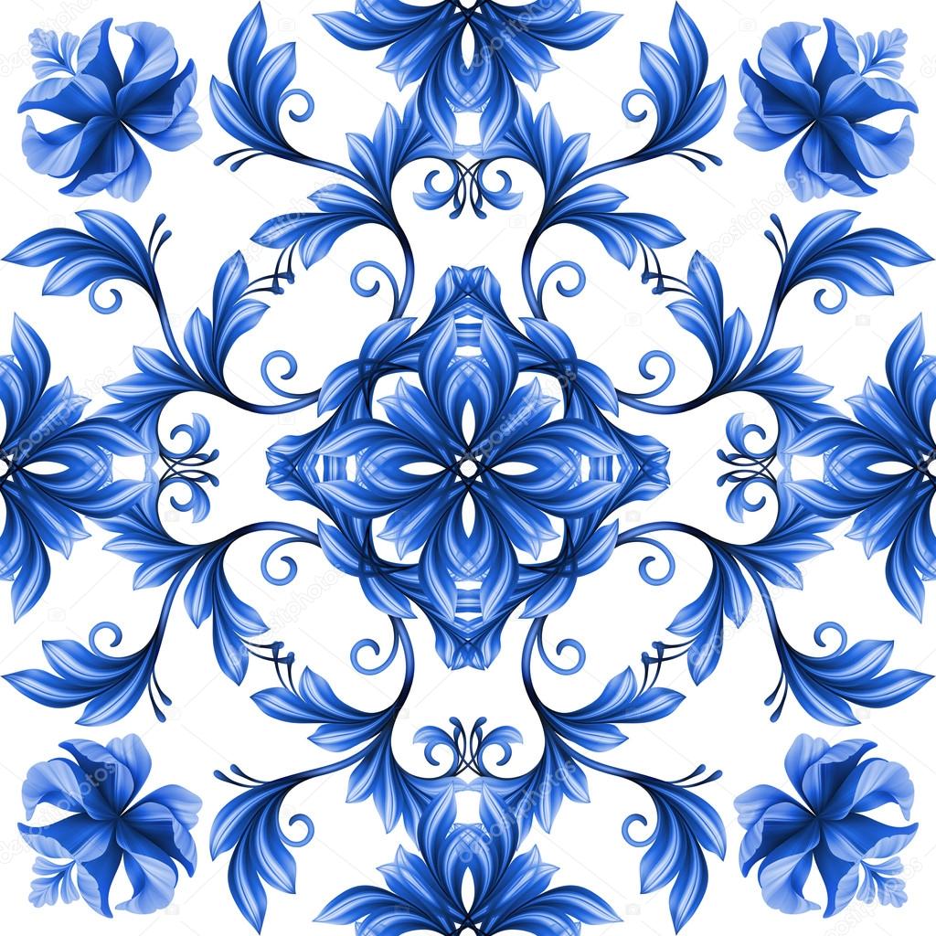 abstract floral seamless pattern, blue white gzhel ornament