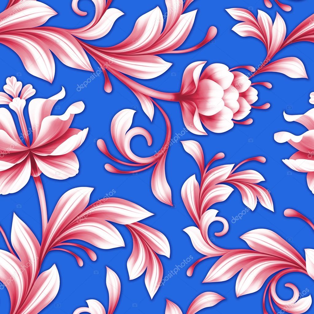 abstract seamless floral pattern, red and royal blue background