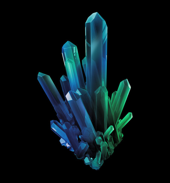 blue green crystals, geological shapes, 3d object isolated on bl