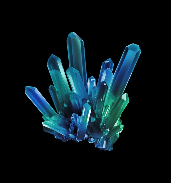 Blue green crystals, geological shapes, 3d object isolated on bl — Stock Photo, Image