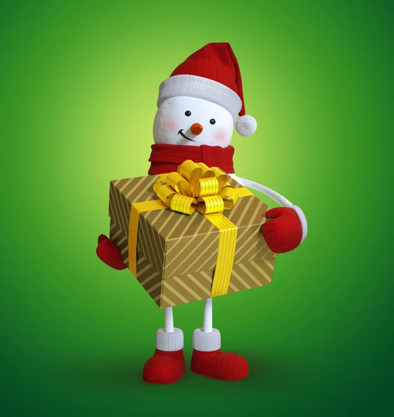 Snowman holding wrapped gift box — Stock Photo, Image