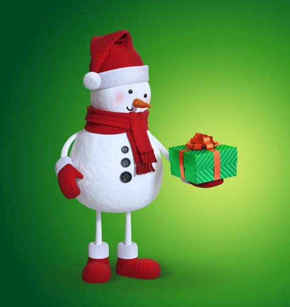 Snowman holding wrapped gift box — Stock Photo, Image