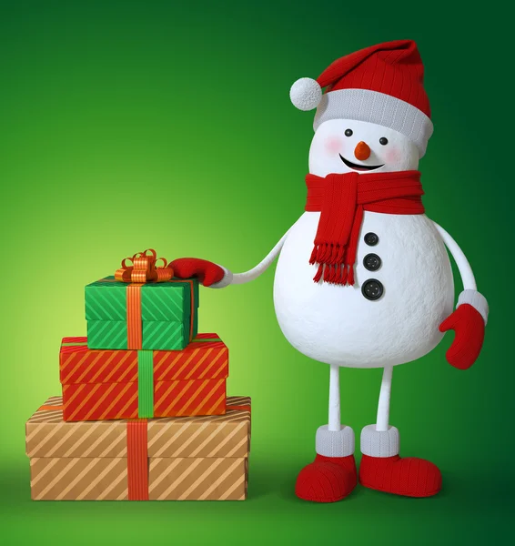 Snowman holding wrapped gift boxes — Stock Photo, Image