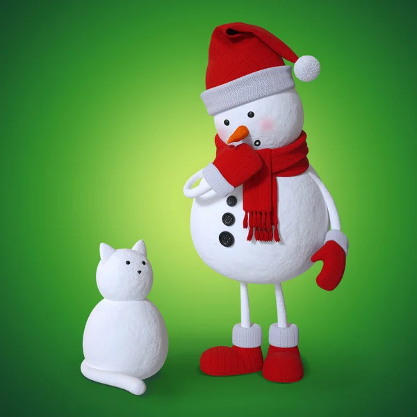 Snowman and snow cat — Stock Photo, Image