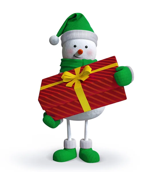 Snowman holding wrapped gift box — Stock Photo, Image