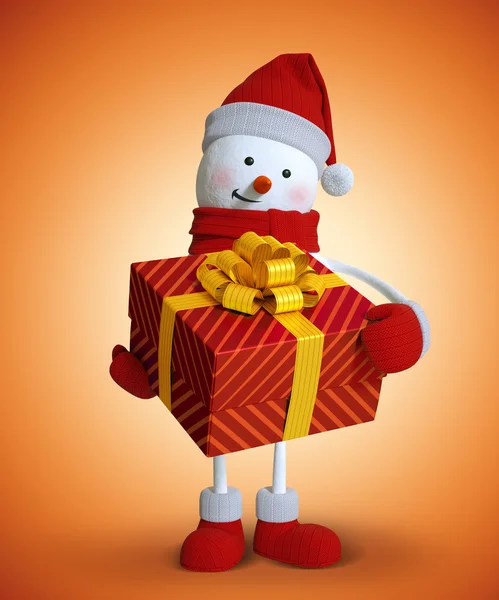Снеговик с упакованной коробкой подарков — стоковое фото
