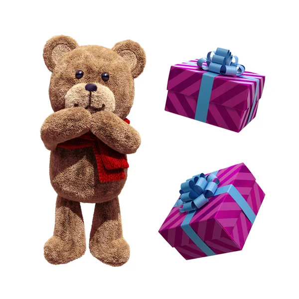 Toy teddy bear, with gift boxes — Stock Photo, Image