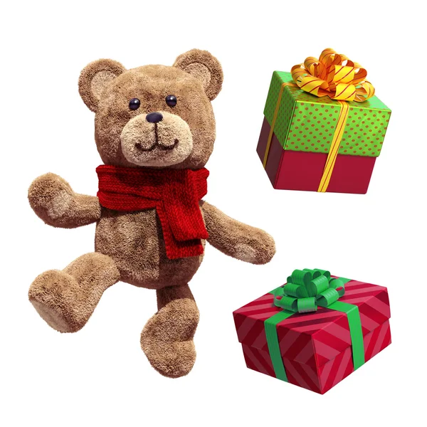 Toy teddy bear, with gift boxes — Stock Photo, Image