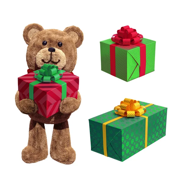 Toy teddy bear, with gift boxes — Stock Photo, Image