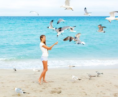 Kız plajda martıları besleme